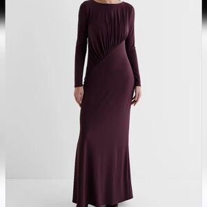 Express Boat Neck Long Sleeve Ruched Top Maxi Dress Wine